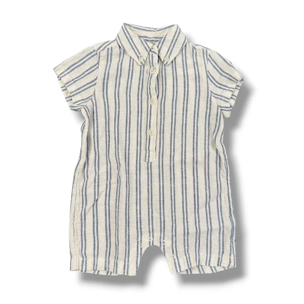 Nordstrom Baby Linen Blend Stripe Romper Blue White‎ 6M NWT Coastal 960
